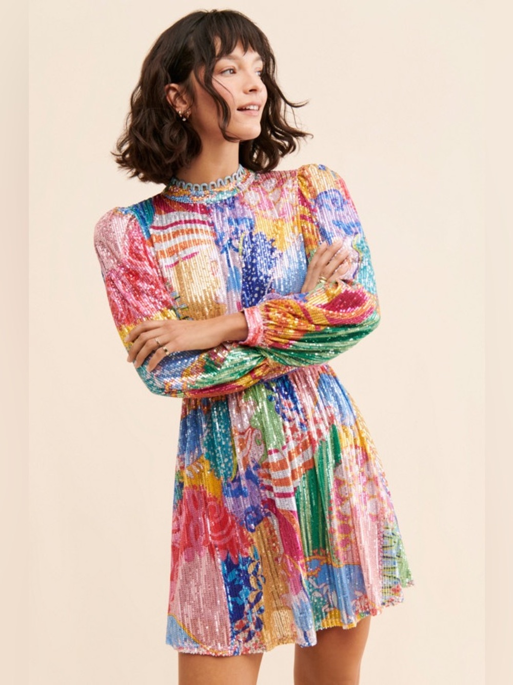 Celia B Sequin Rainbow Mini Long Sleeve Dress